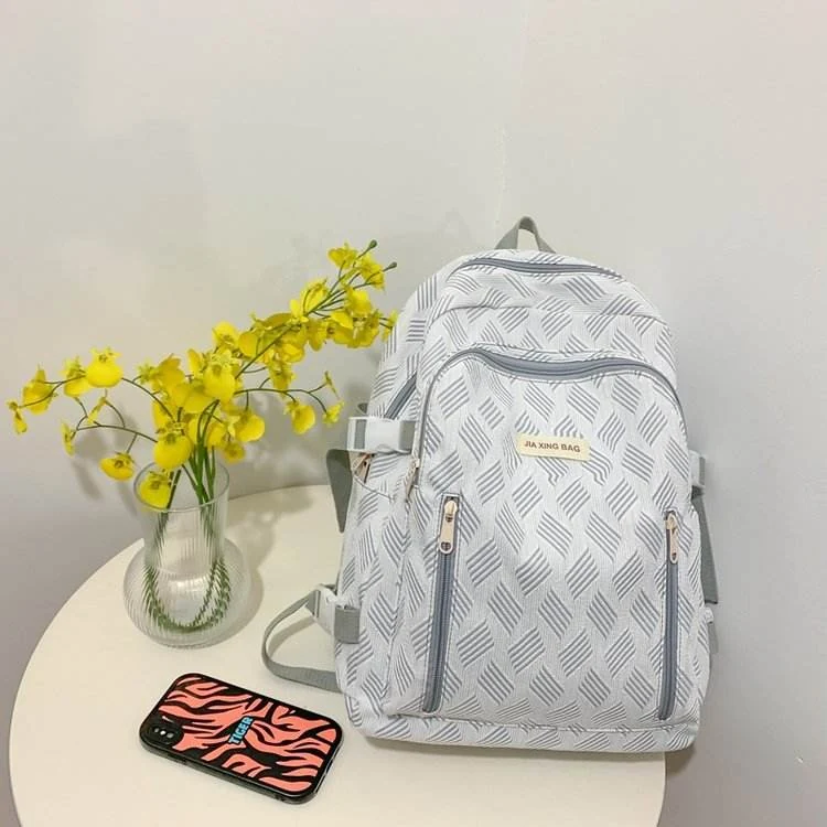 Striped School Backpack with Doll Pendant & Multi-Pocket Storage Gray color SKU reference
