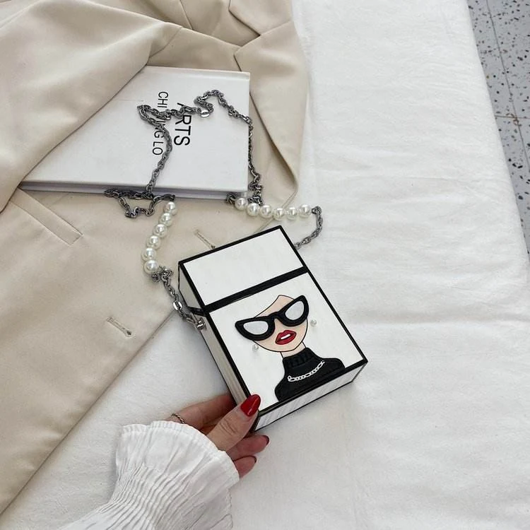 PVC Mini Crossbody Bag with Glasses Print & Chain White color SKU reference
