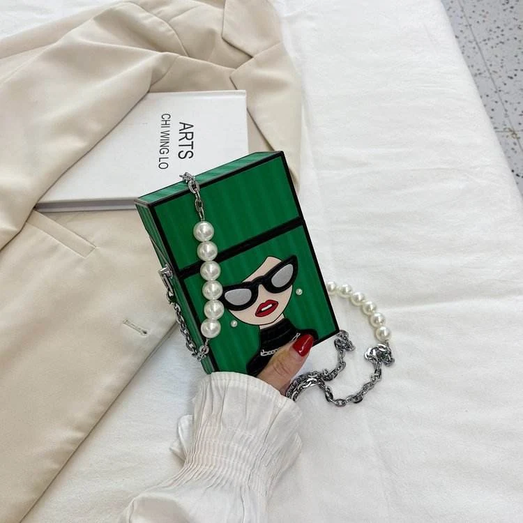 PVC Mini Crossbody Bag with Glasses Print & Chain Green color SKU reference