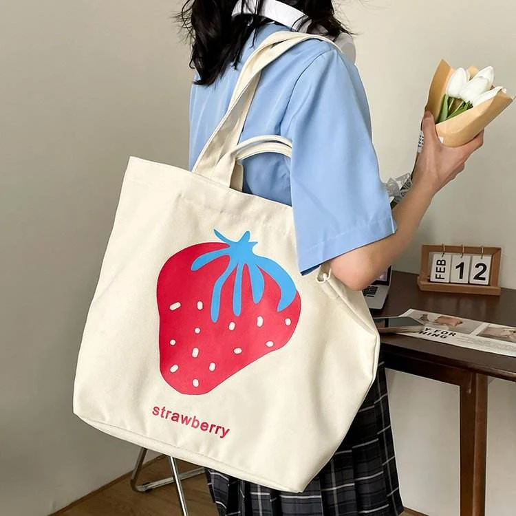 Canvas Strawberry-Print Tote Bag White color SKU reference