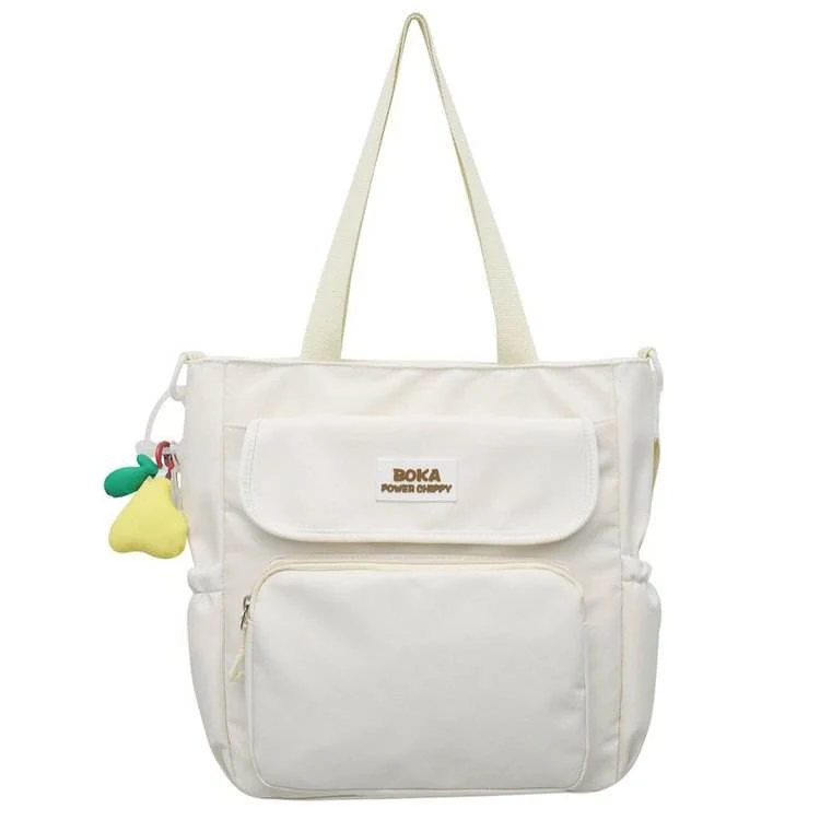 Nylon Multi-Pocket Shoulder Bag with Pear Pendant White color SKU reference