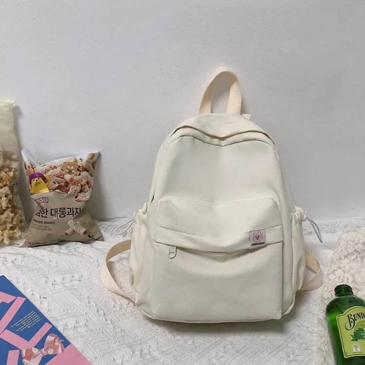 Nylon Drawstring Backpack with Bear Pendant & Back Pocket White color SKU reference