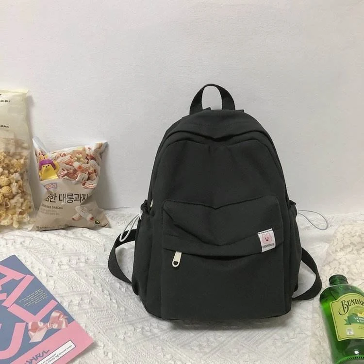 Nylon Drawstring Backpack with Bear Pendant & Back Pocket Black color SKU reference