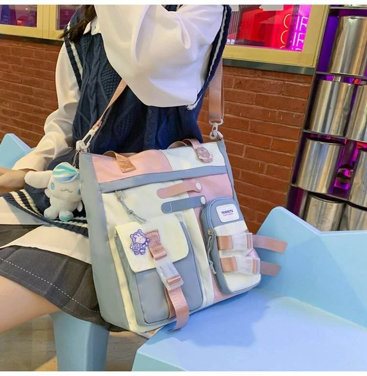 Nylon Shoulder Bag with Rabbit Badge and Doll Pendant Blue color SKU reference