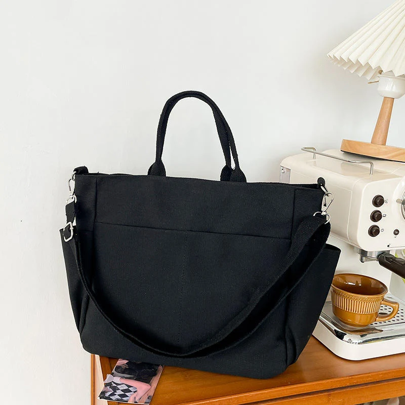 Multi-Layer Canvas Tote Bag with Card Pocket Black color SKU reference