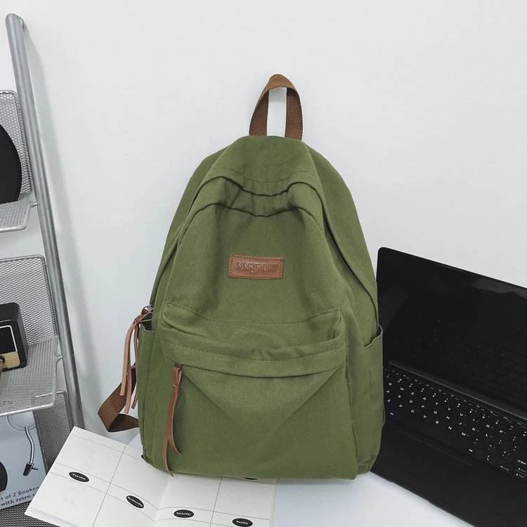 Canvas Drawstring School Backpack with Rear Zip Pocket Green color SKU reference