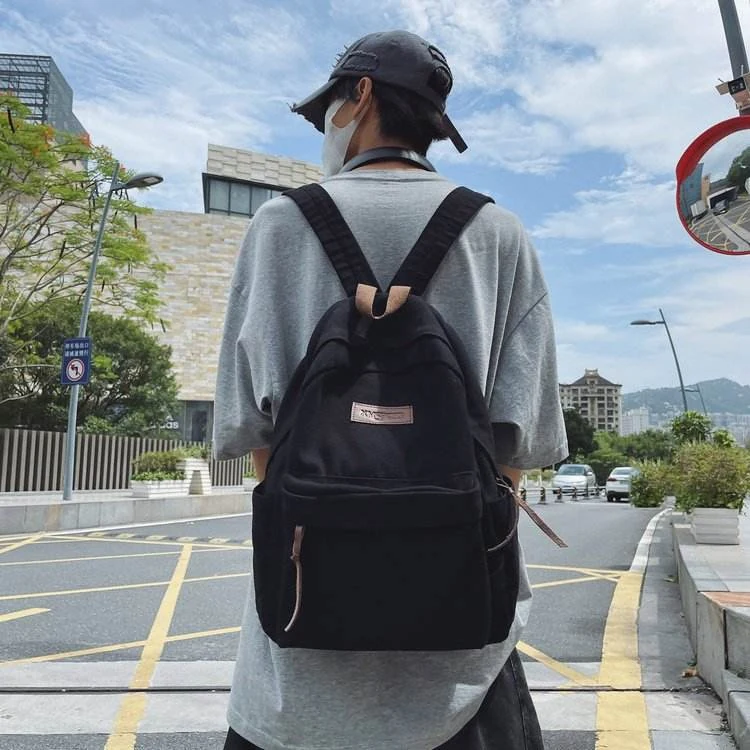 Canvas Drawstring School Backpack with Rear Zip Pocket Black color SKU reference