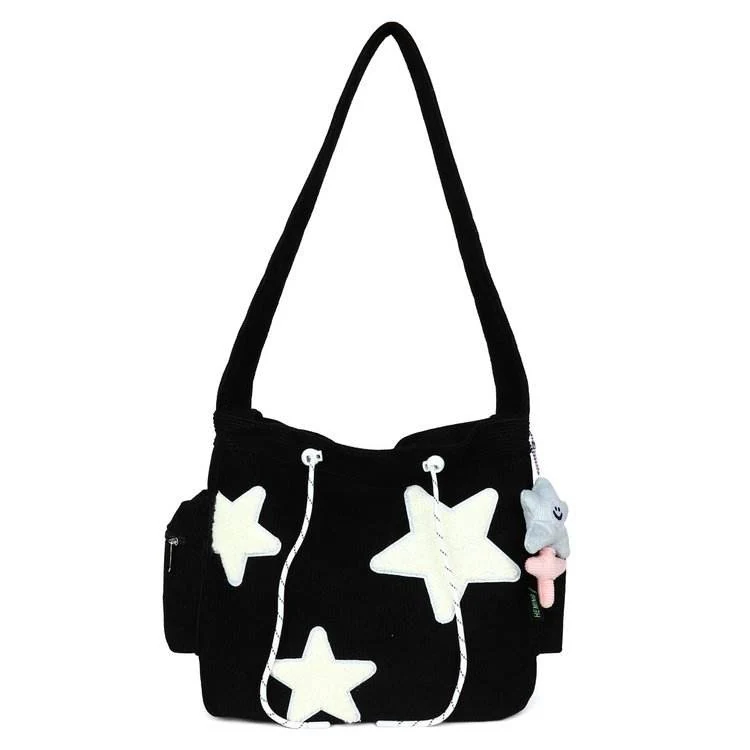 Star-Embroidered Tote Bag with Striped Surface Black color SKU reference