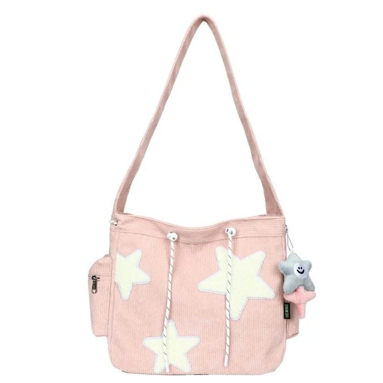 Star-Embroidered Tote Bag with Striped Surface Pink color SKU reference