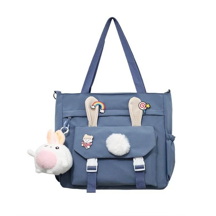 Rabbit-Ear Nylon Shoulder Bag with Rabbit Pendant Blue color SKU reference