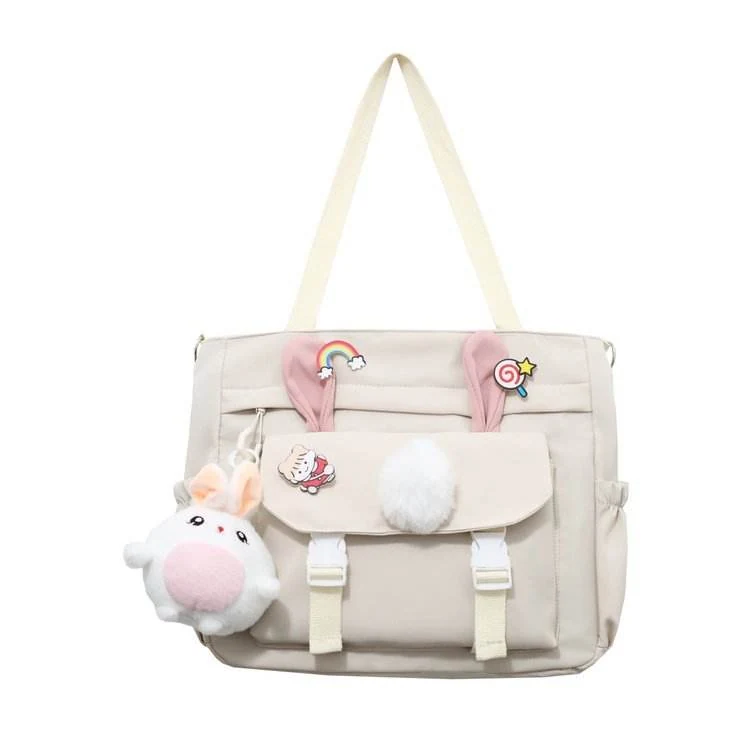 Rabbit-Ear Nylon Shoulder Bag with Rabbit Pendant White color SKU reference