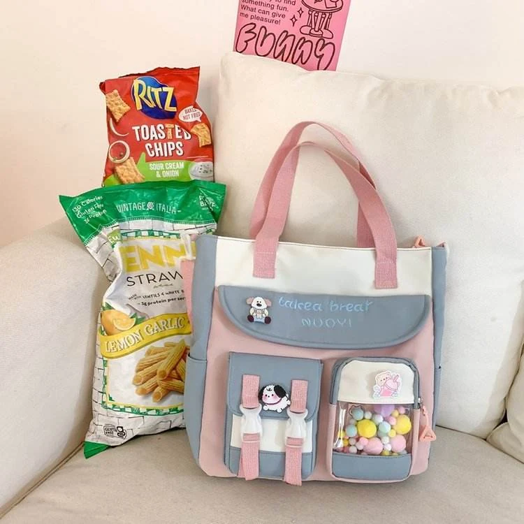 Nylon Multi-Pocket Shoulder Bag with Puppy Pendant Blue color SKU reference