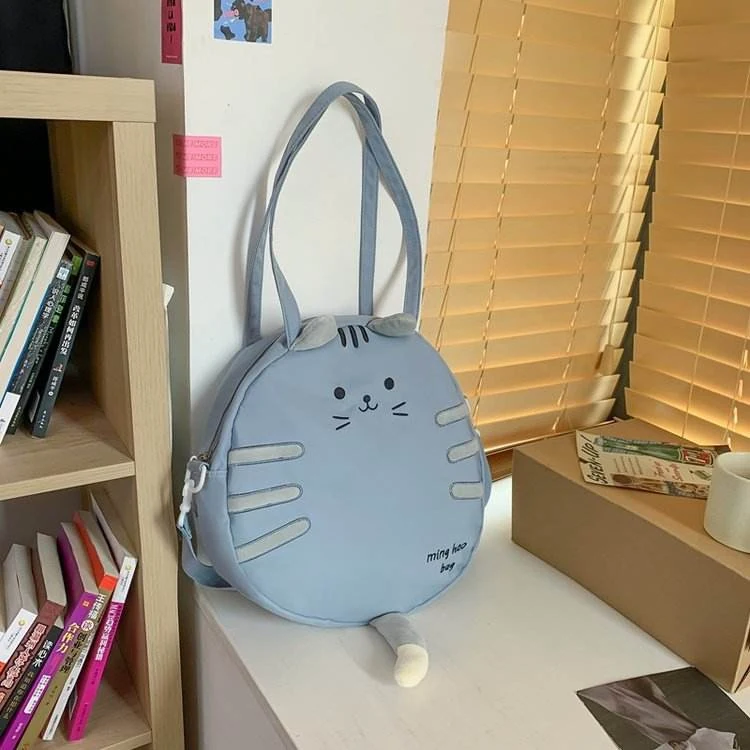 Cat-Shaped Nylon Shoulder Bag with Plush Tail Detail Blue color SKU reference
