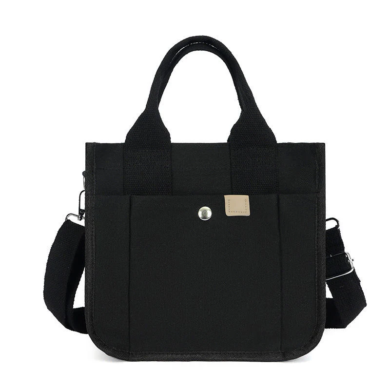 Layered Canvas Tote Bag with Multi-Pocket Storage Black color SKU reference
