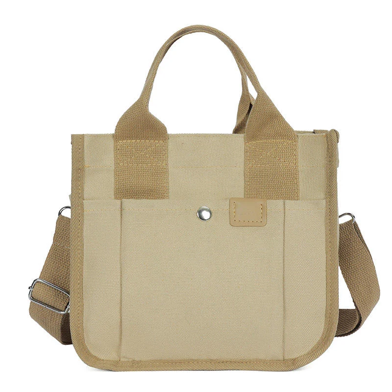 Layered Canvas Tote Bag with Multi-Pocket Storage Khaki color SKU reference