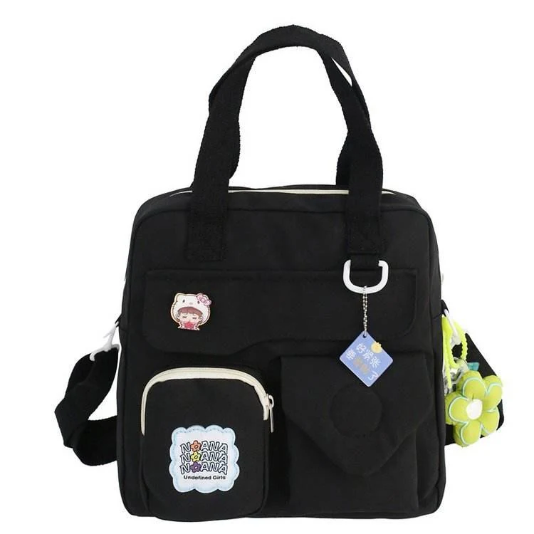 Nylon Multi-Pocket Crossbody Bag with Flower Pendant Black color SKU reference
