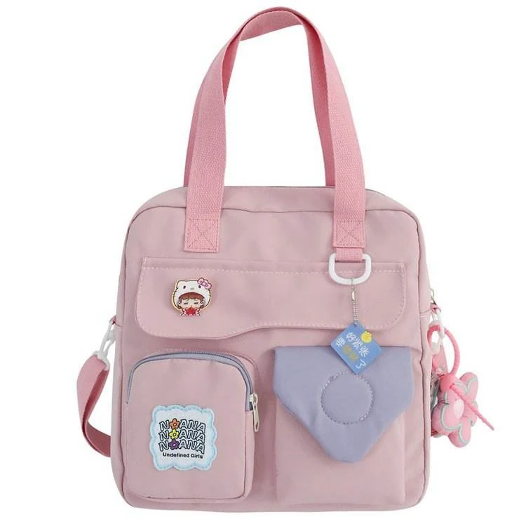 Nylon Multi-Pocket Crossbody Bag with Flower Pendant Pink color SKU reference