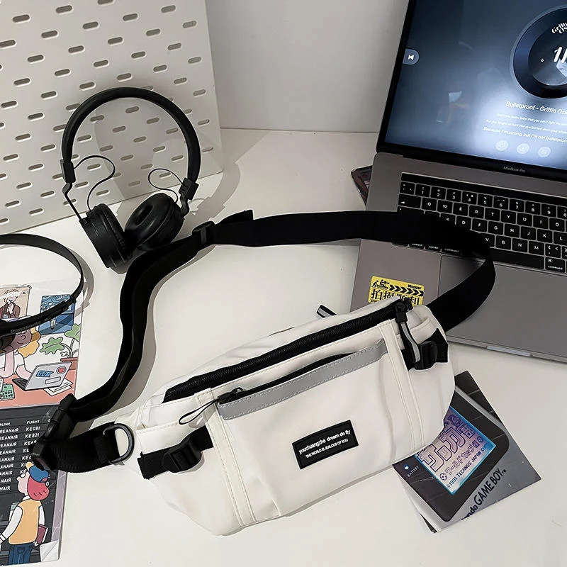 Nylon Waist Bag with Reflective Stripes and Multi-Compartment Storage White color SKU reference