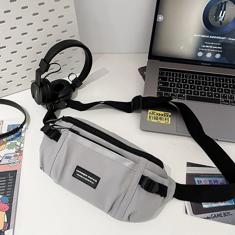 Nylon Waist Bag with Reflective Stripes and Multi-Compartment Storage Gray color SKU reference