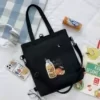 Cotton Messenger Tote with Front Zipper Pocket Black color SKU reference