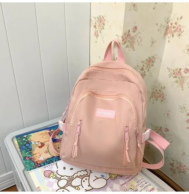 Five-Color Nylon School Backpack with Adjustable Straps Hot pink color SKU reference