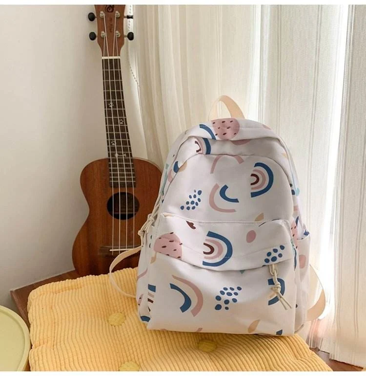 Printed Nylon Multi-Pocket Student Backpack White color SKU reference