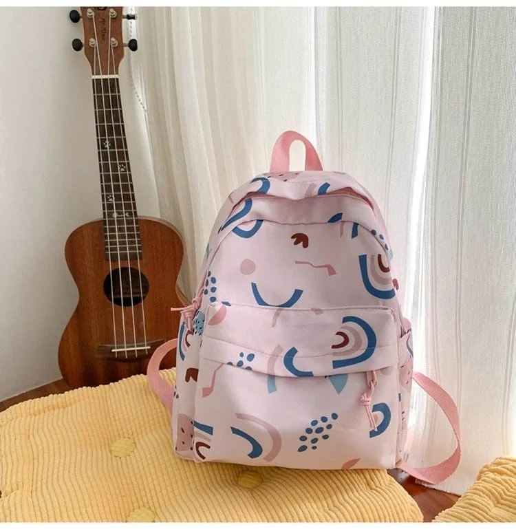 Printed Nylon Multi-Pocket Student Backpack Hot pink color SKU reference