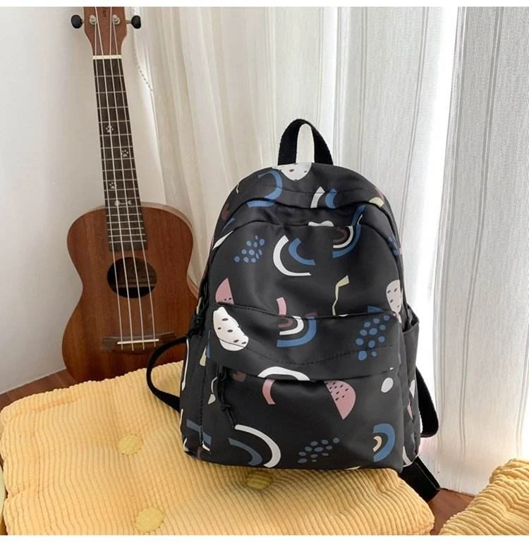 Printed Nylon Multi-Pocket Student Backpack Black color SKU reference