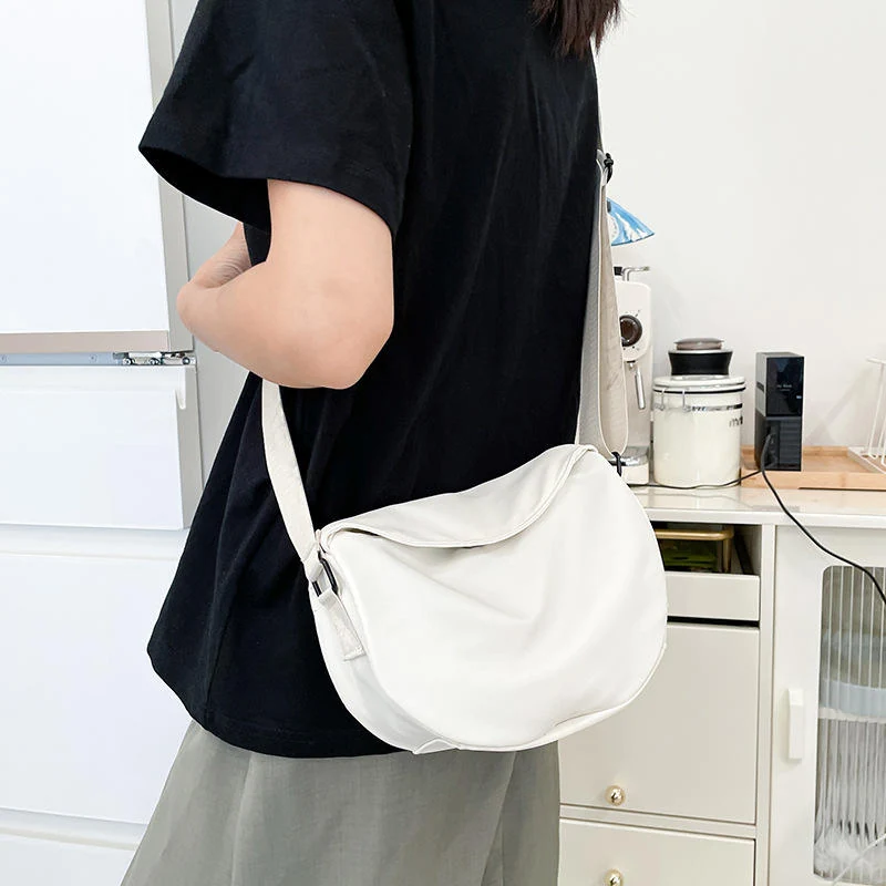 Soft Nylon Shoulder and Crossbody Bag with Magnetic Buckle White color SKU reference