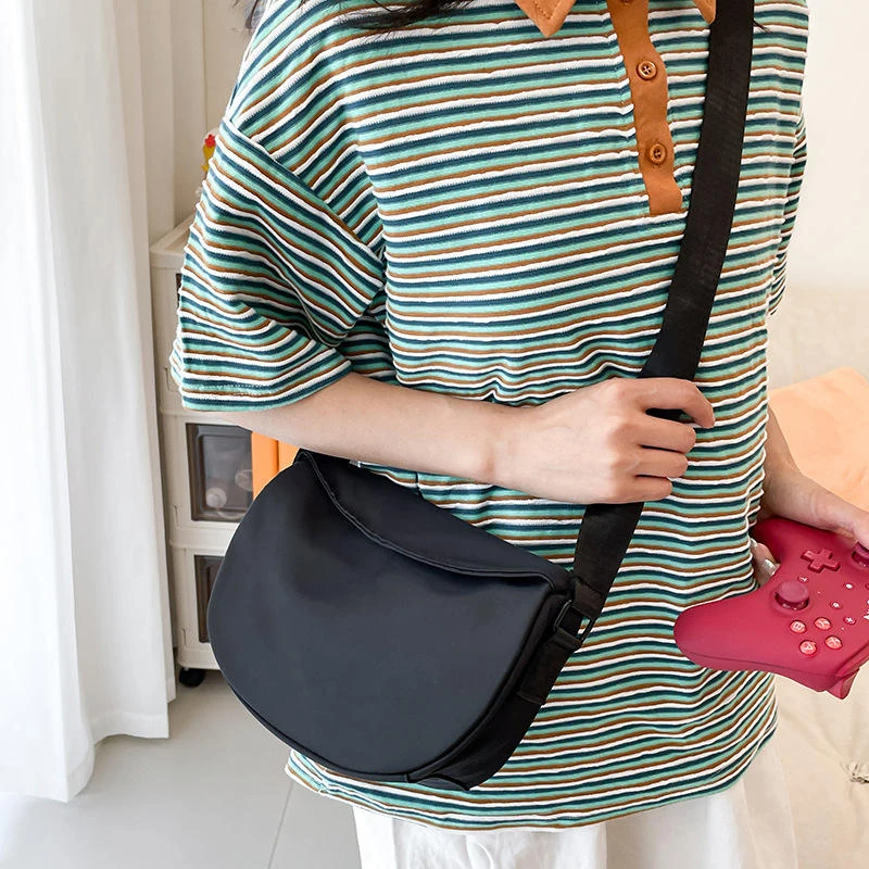 Soft Nylon Shoulder and Crossbody Bag with Magnetic Buckle Black color SKU reference