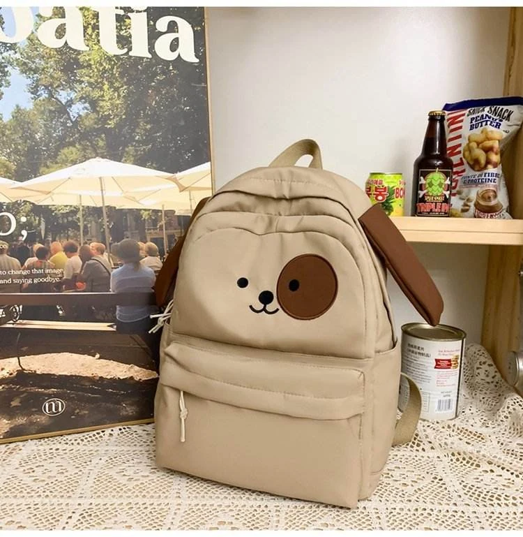 Cartoon Embroidered Nylon Student Backpack Dark khaki color SKU reference