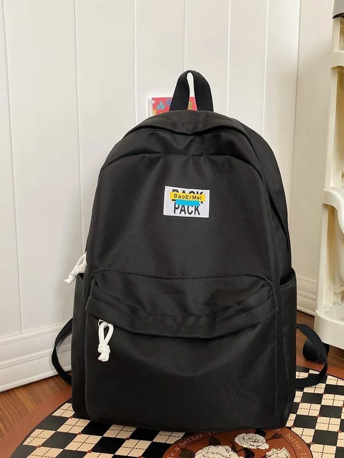 Nylon Student Backpack with Letter Label Detail Black color SKU reference