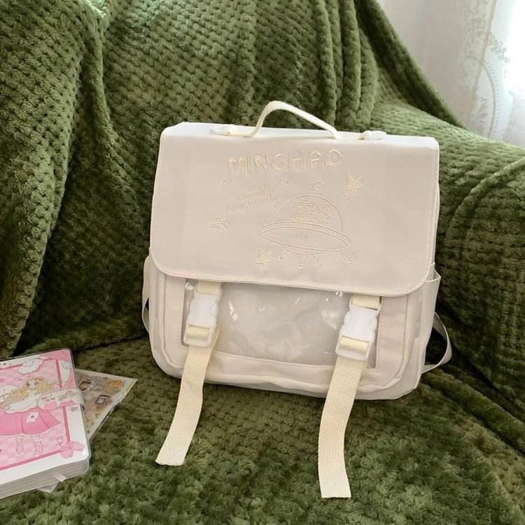 Square Nylon School Backpack with Letter Embroidery White color SKU reference