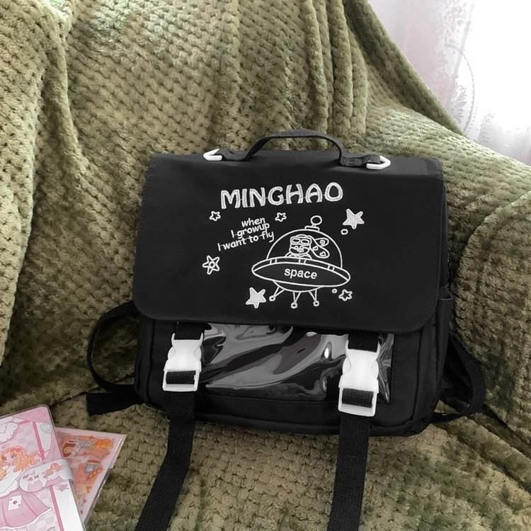 Square Nylon School Backpack with Letter Embroidery Black color SKU reference