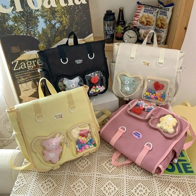 Letter-Print Nylon School Backpack with Doll Charm product reference image