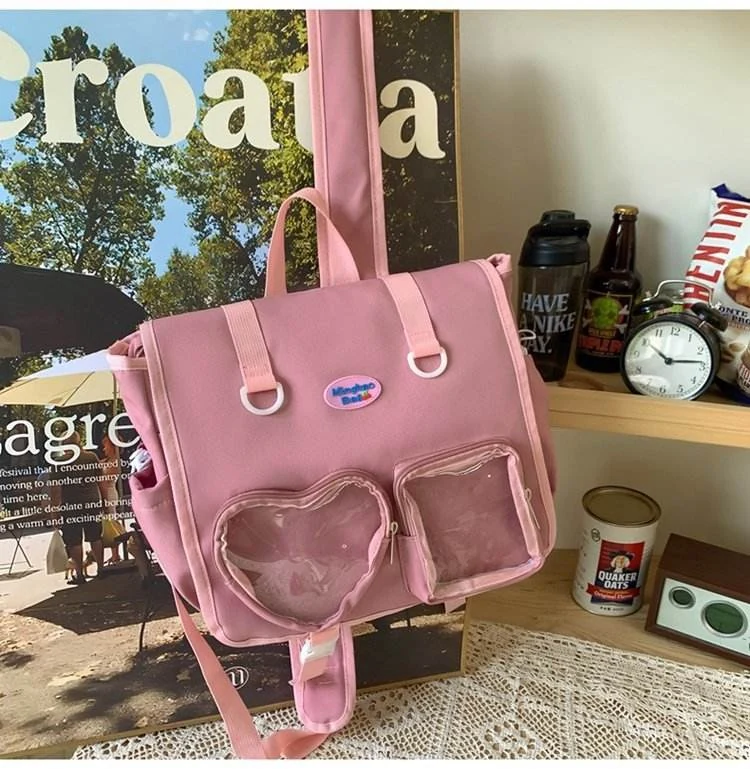 Letter-Print Nylon School Backpack with Doll Charm Red color SKU reference