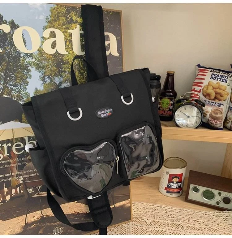 Letter-Print Nylon School Backpack with Doll Charm Black color SKU reference
