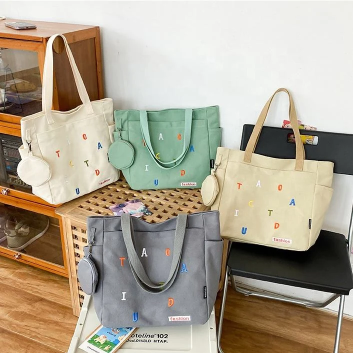 Canvas Letter-Embroidery Tote Bag with Zip Closure product reference image