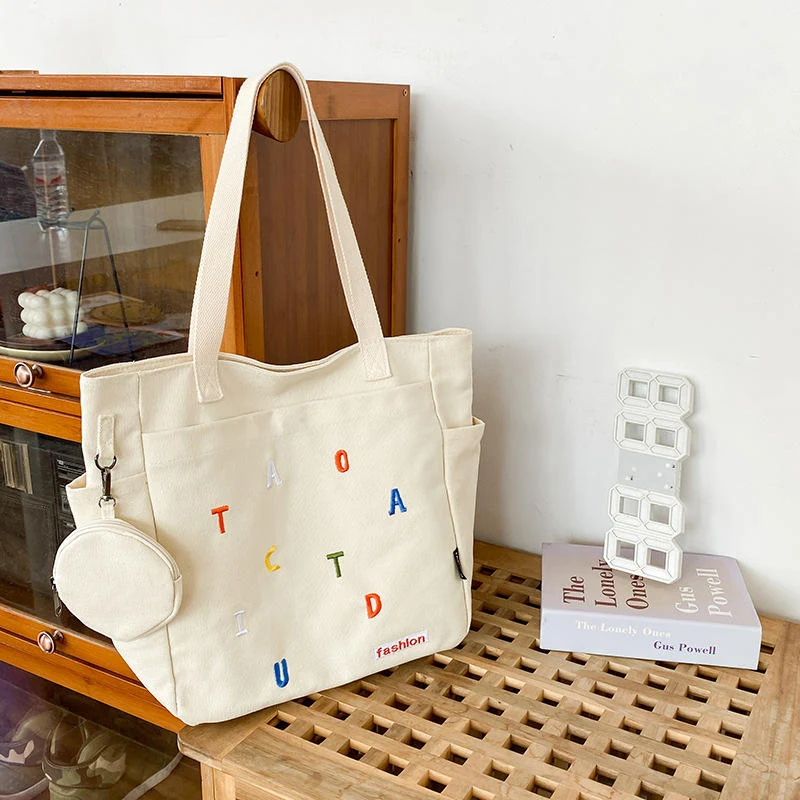 Canvas Letter-Embroidery Tote Bag with Zip Closure White color SKU reference