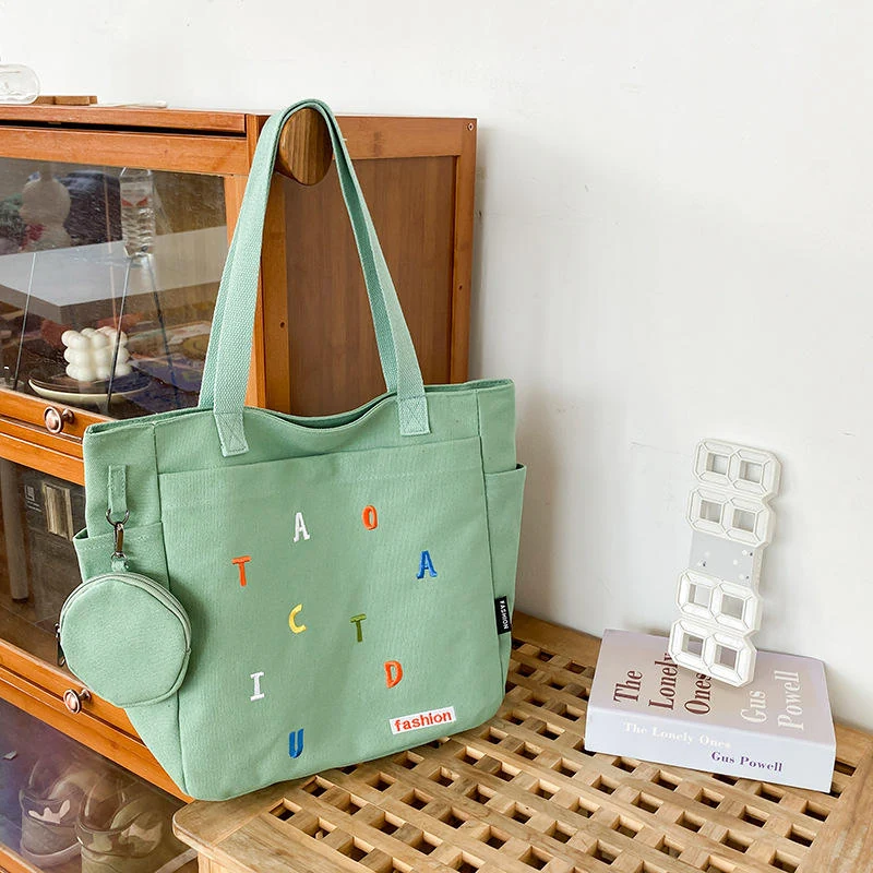 Canvas Letter-Embroidery Tote Bag with Zip Closure Light green color SKU reference