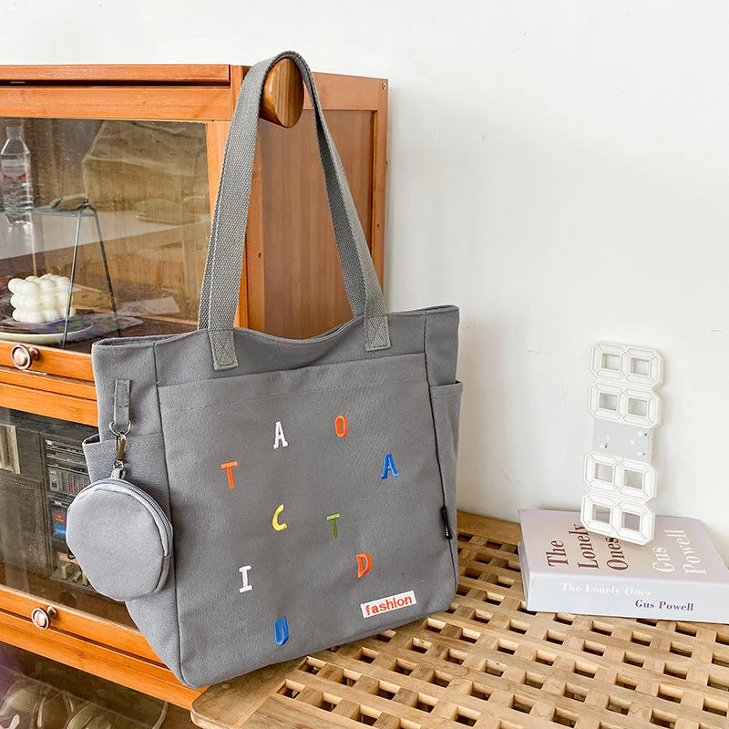 Canvas Letter-Embroidery Tote Bag with Zip Closure Light gray color SKU reference