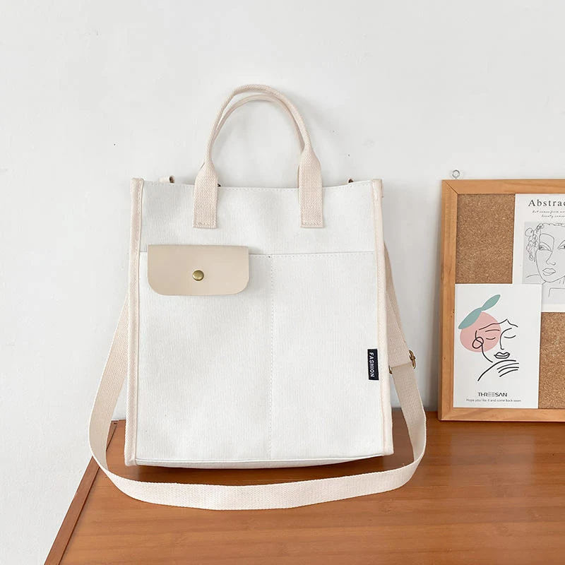 Canvas Tote with Detachable Adjustable Shoulder Strap White color SKU reference