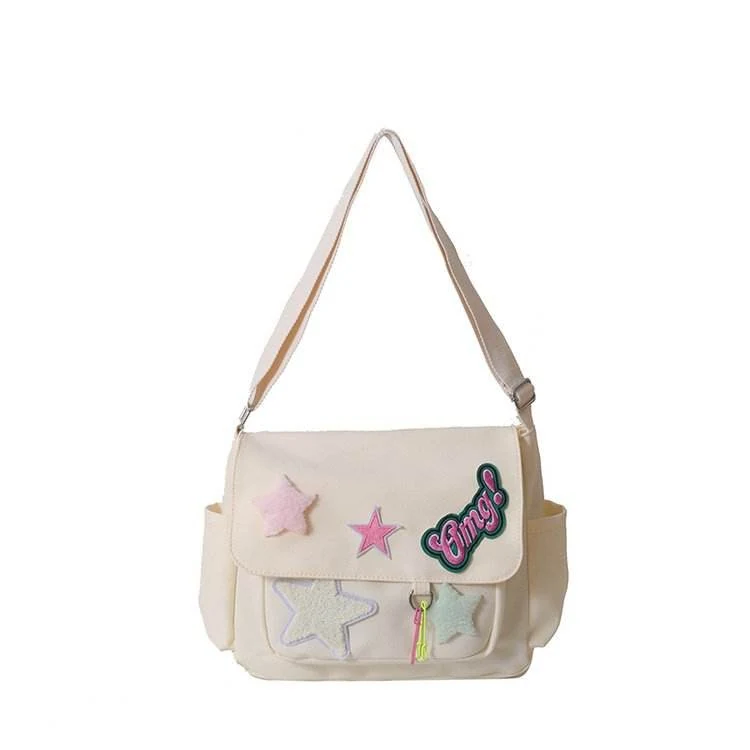 3D Star Print Canvas Girls Crossbody Bag with Four Variants White color SKU reference