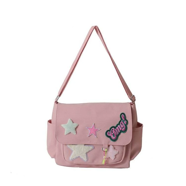 3D Star Print Canvas Girls Crossbody Bag with Four Variants Plum color SKU reference