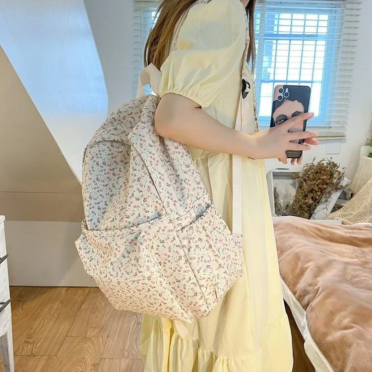Nylon Floral Print School Backpack with Three Variant Options product reference image