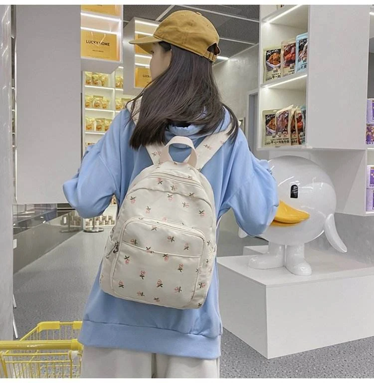 Cute Floral Print Nylon School Backpack with Adjustable Shoulder Straps Variant 1 color SKU reference