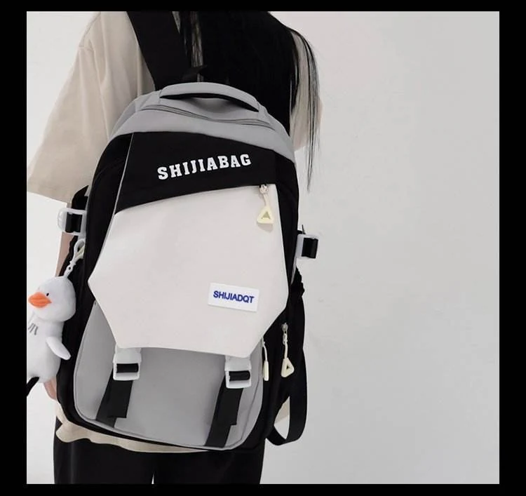 Color-Block Nylon Student Backpack with Plush Pendant Black color SKU reference