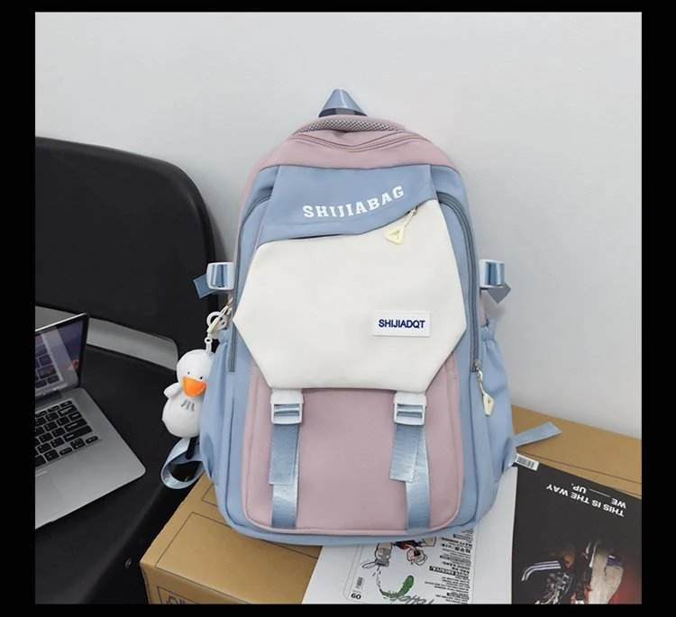Color-Block Nylon Student Backpack with Plush Pendant Sky blue color SKU reference