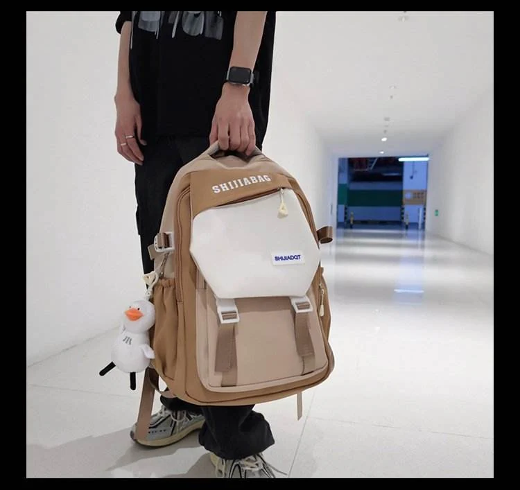 Color-Block Nylon Student Backpack with Plush Pendant Dark khaki color SKU reference