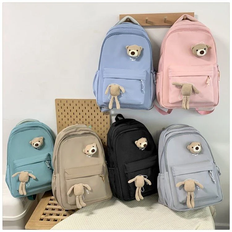 Bear-Pendant Nylon Student Backpack product reference image